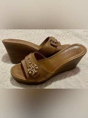 Tory Burch Elina Platform Wedge Sandals Tumbled Leather Royal Tan Size 9.5 M